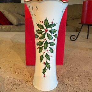 Lenox White Vase with Green and Red Holly Design
